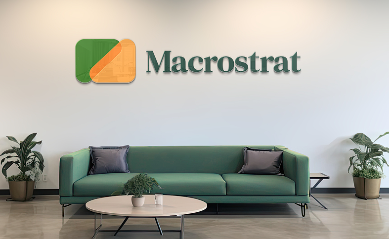 Modern Macrostrat office interior with green furniture